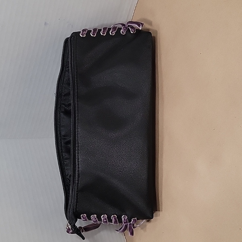Black Satin Like Cosmetic Bag with Purple Velvet Side Laces corset New Condition